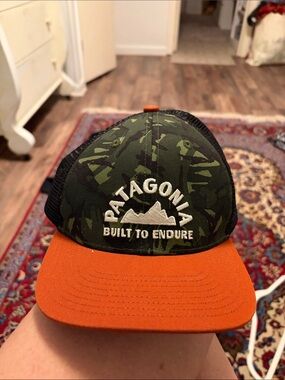Patagonia Green Camo Trucker Hat with Orange Brim